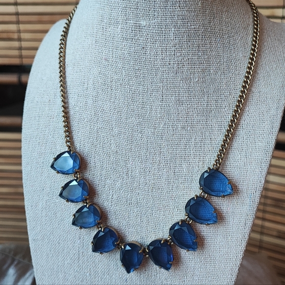 J Crew Brand Signed Teardrop Faceted Sapphire Blue Glass Statement Necklace - Picture 1 of 6